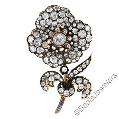 Vintage Georgian Revival Gold 5ctw Rose Cut Diamond Flower Pin Brooch