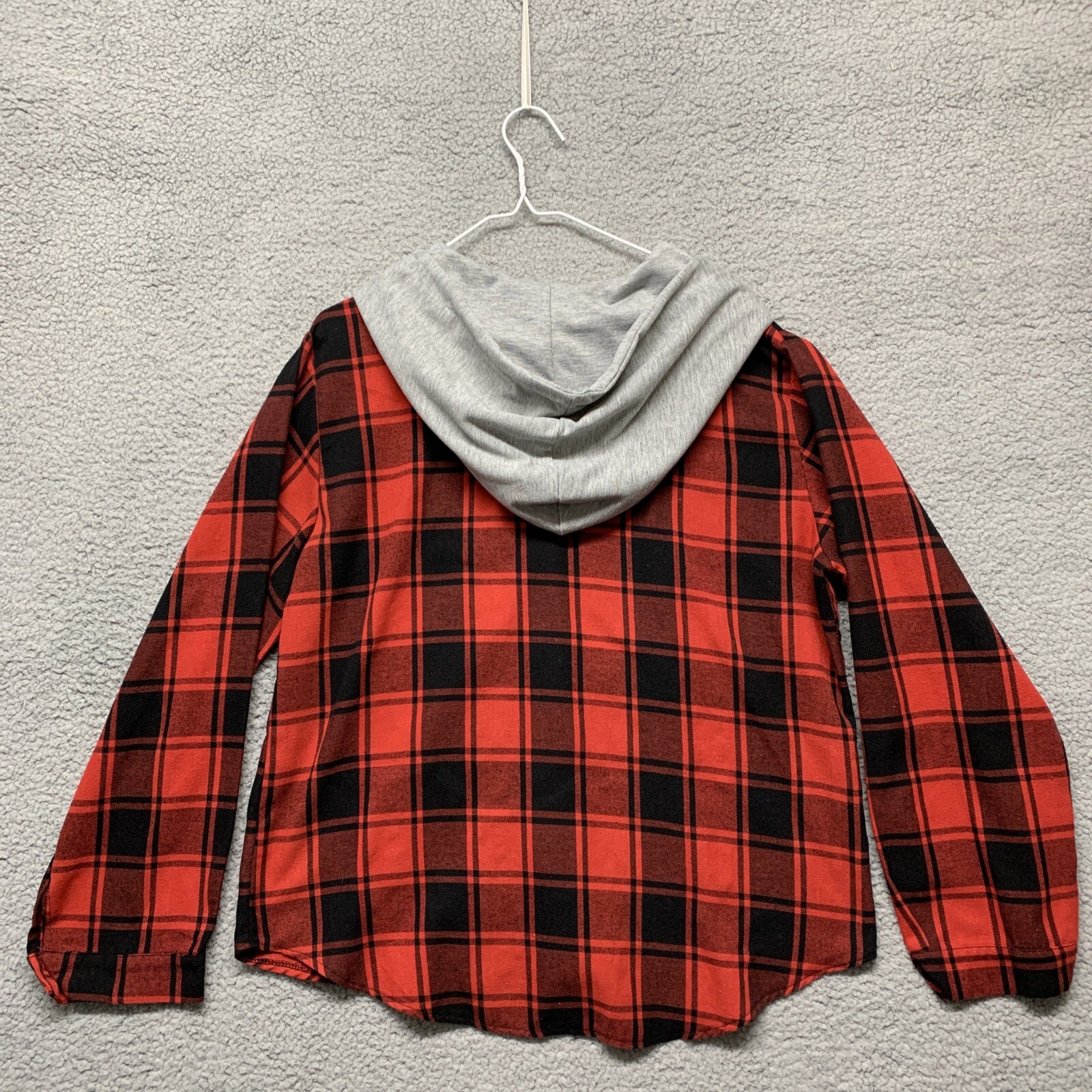 Womens Hooded Flannel Shirt Red Black Plaid Gray Hoodie Button Shirt
