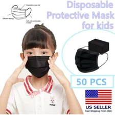 [50 Pcs]For Kids Children Black 3-Ply Disposable Face Mask Earloop Mouth Cover
