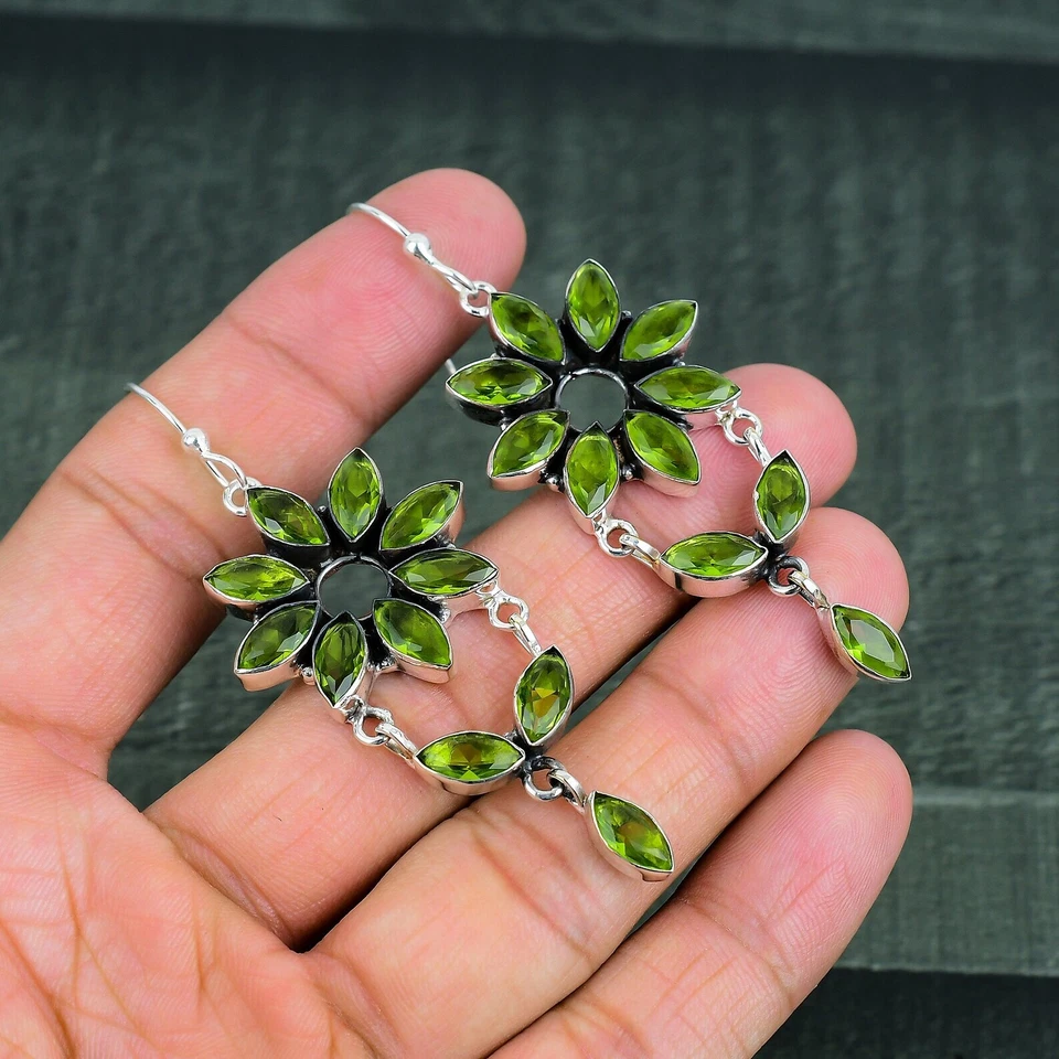 Peridot Gemstone Drop/Dangle Green Earrings 925 Sterling Silver Jewelry 3.03" - Image 2 of 4