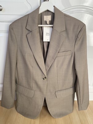 H&M WOMENS DARK BEIGE OVERSIZED WOOL BLEND SINGLE BREASTED BLAZER SIZE XS  NWT UK