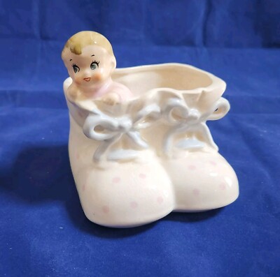 Relpo Baby in Booties Planter Vase Kitschy Boy Girl Pink Polka Dots Blue Bow VTG