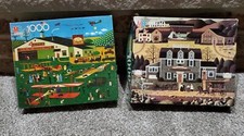 2 VTG MB Charles Wysocki MOONMEADOW COVE/FOUR ACES FLYING SCHOOL 1000 PC puzzles
