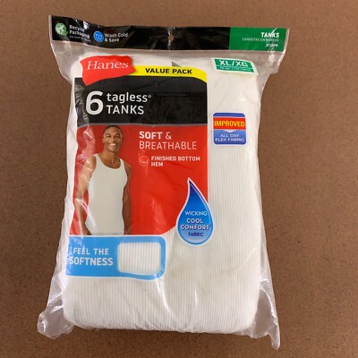 Hanes Men's XL White Cotton Rib Knit Soft & Breathable Tagless Tanks 6 Pack NWT