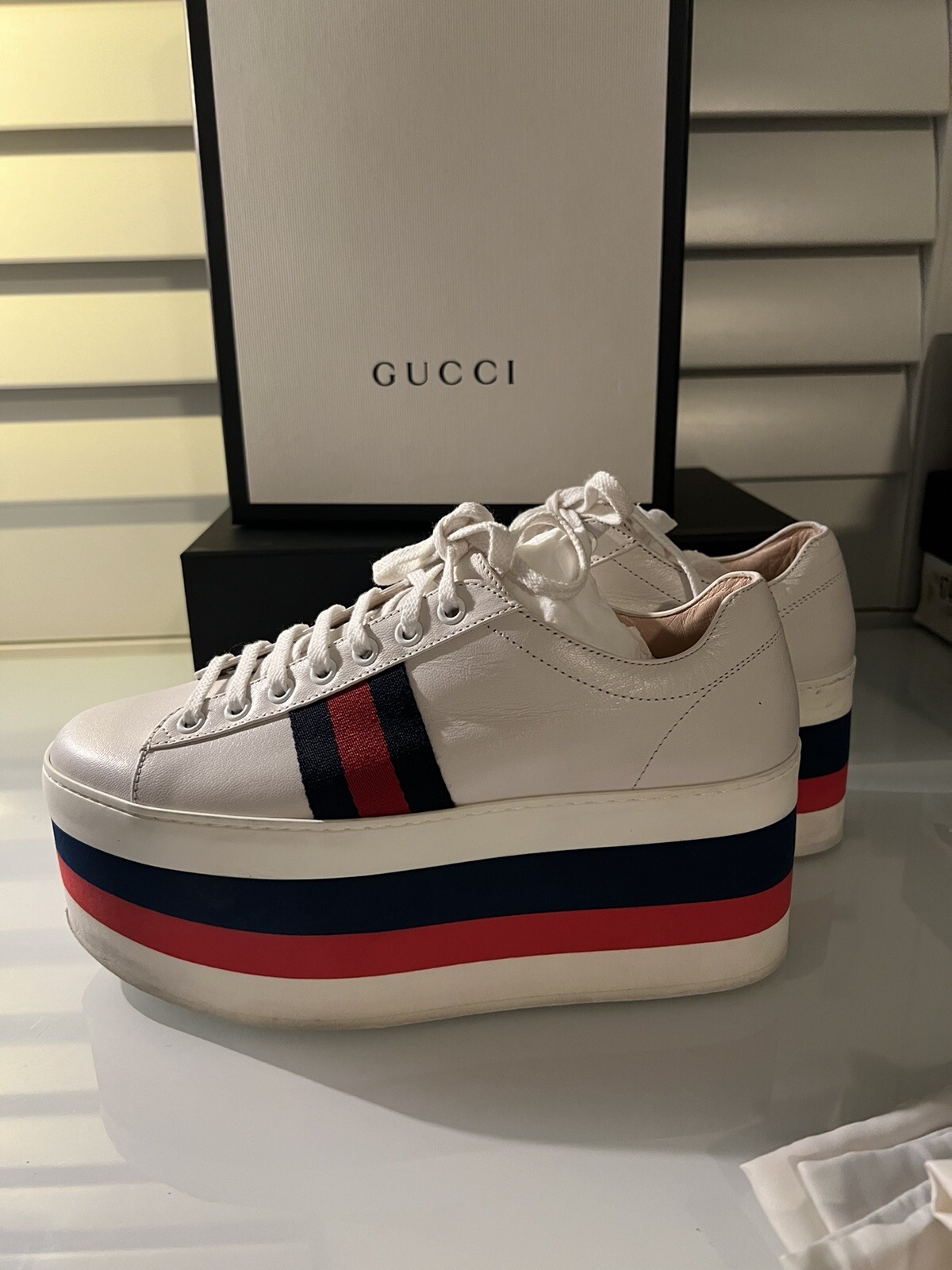 Gucci Peggy Leather Low-Top Platform Sneaker, Size 37 White | eBay