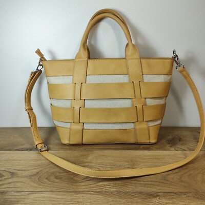 Miztique Brown Woven Handles Removable Strap Tote Purse Bag Top Zip Pockets 