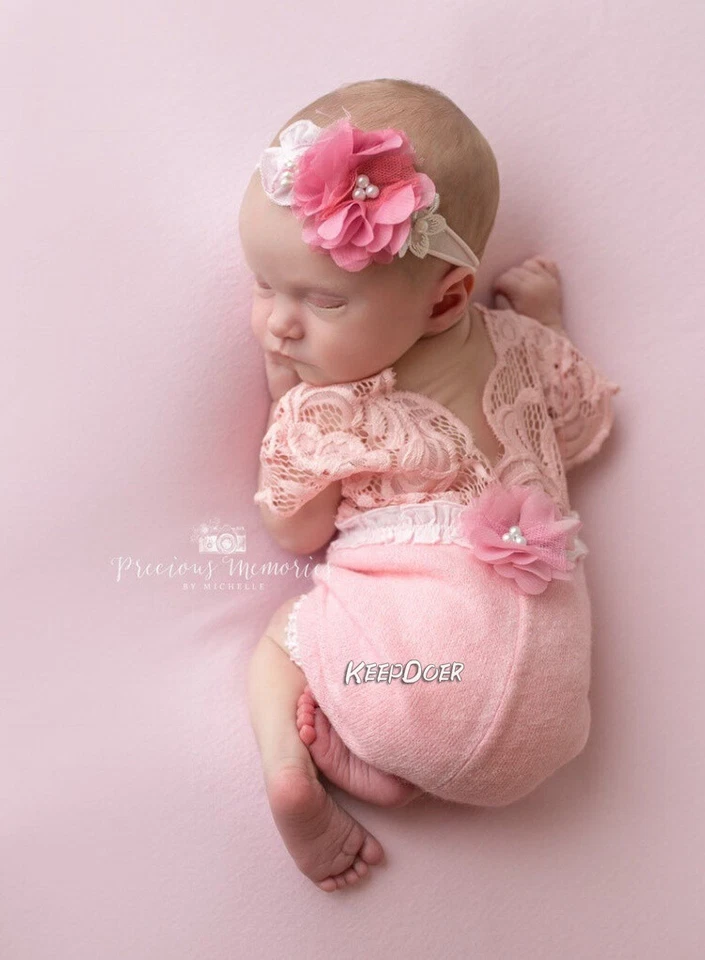 Recién Nacido Bebé Niña Mono de Encaje Diadema Fotografía Accesorios Estudio Sesión de Fotos Foto 3 de 4