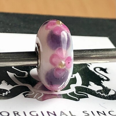 Authentic trollbeads OOAK unique glass bead pink purple flowers white base