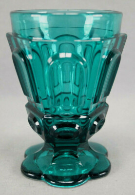 European Panels & Ovals Pressed Teal Flint Glass Footed Tumbler / Spa Glass