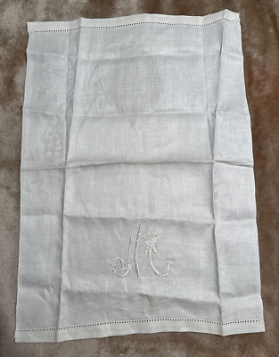 Vintage Texteis Iris Linen Embroidered Monogrammed M Cloth Decorative Tea Towel