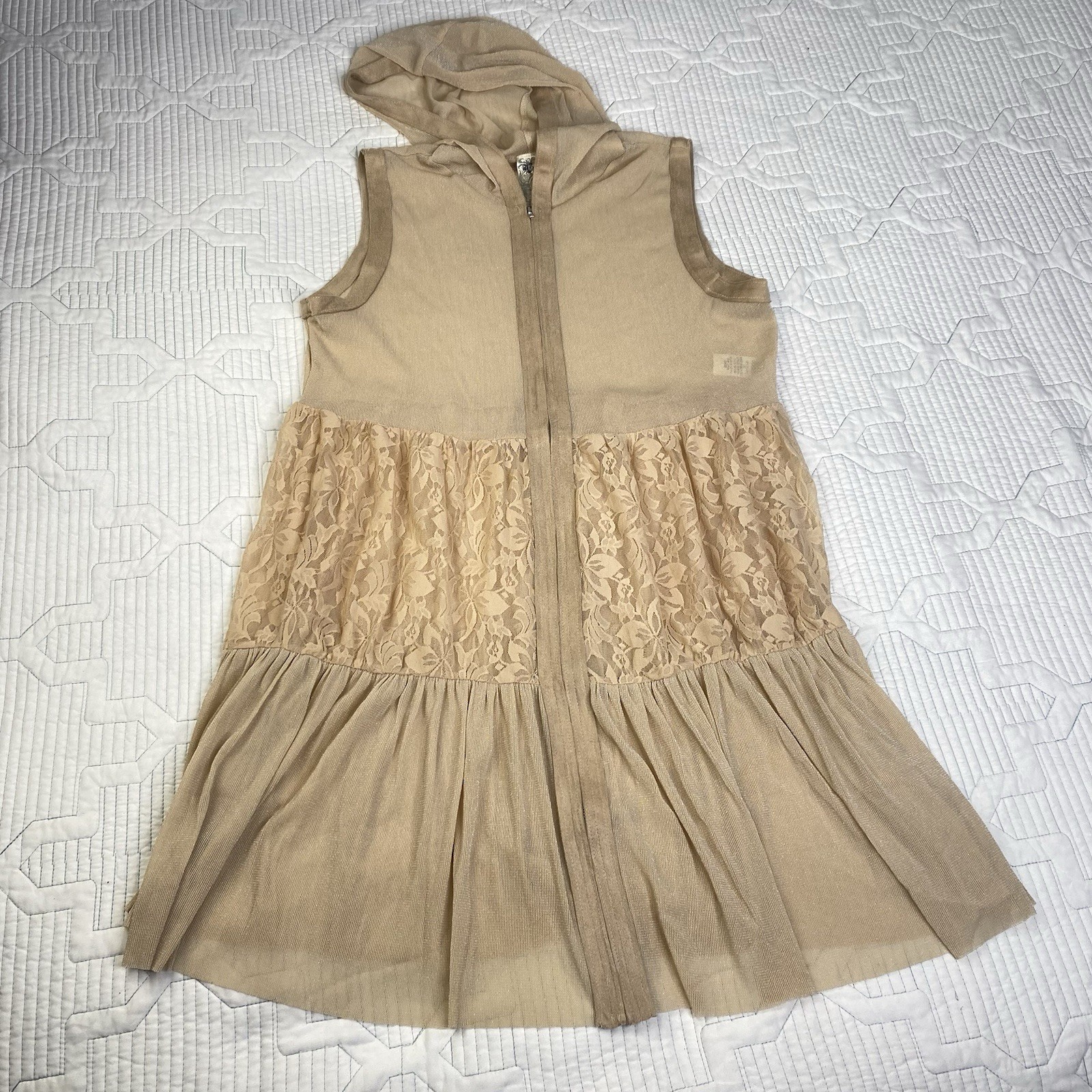 Vocal Sheer Champagne Beige Sparkle Mesh Lace Hooded Sleeveless Zip Duster Sz L