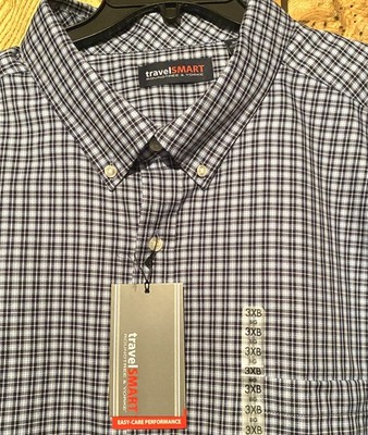 NWT 3XB ROUNDTREE & YORKE TravelSmart Navy Blue Check Long Sleeve Pocket Shirt