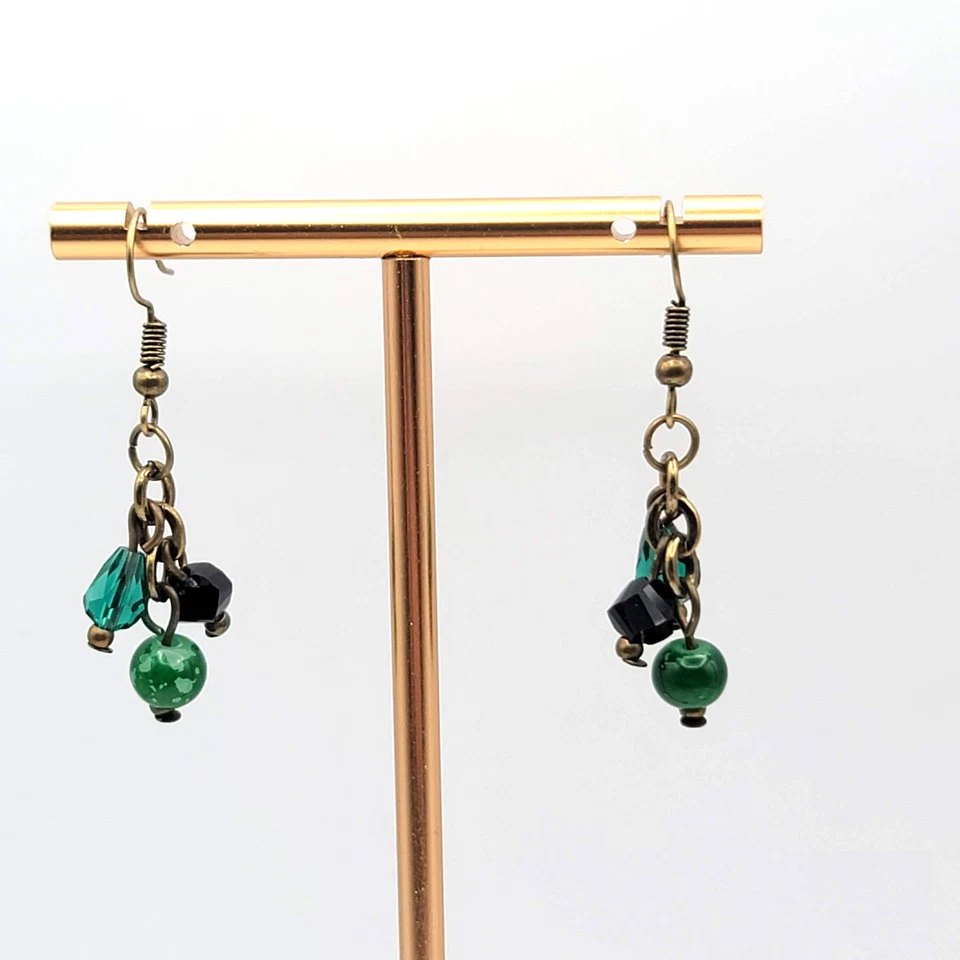 Pendientes perforados con cuentas de vidrio negro verde tono bronce colgantes 1 pulgada Foto 3 de 4