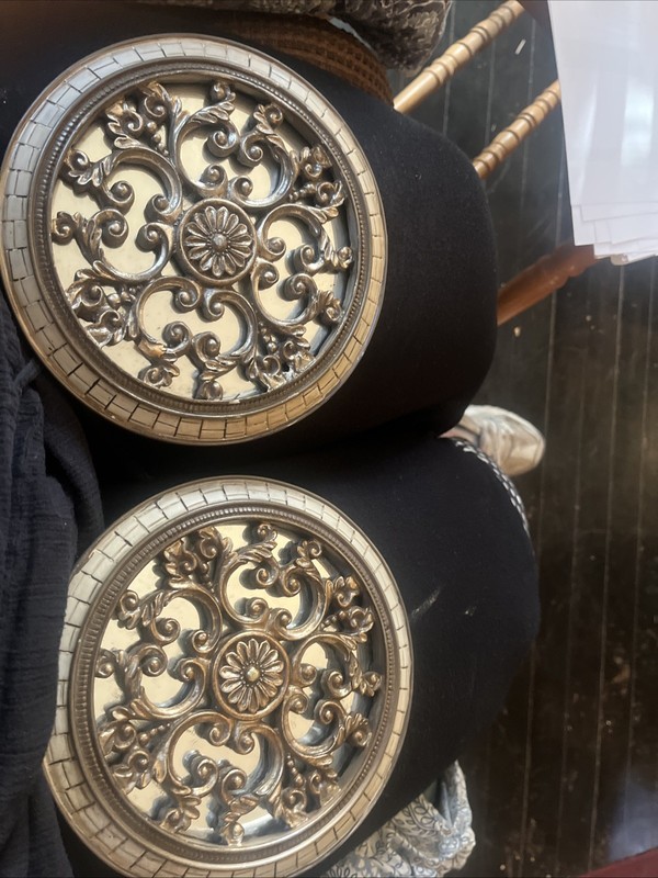 MCM Ornate Gilt Filagree Wall Mirror Set 2~Round~Hollywood Recency~Faux Wood
