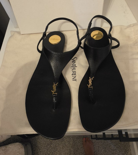 Saint Laurent Women’s Black Leather Thong Flat Sandals Ankle Strap Logo 7