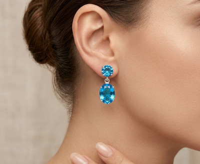 Swiss Blue Topaz Gemstone 925 Sterling Silver Handmade Jewelry Earrings-1.2''