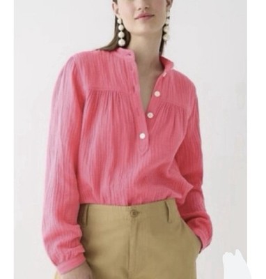 J CREW Large Pink Fresco Top Soft Gauze 100% Cotton Popover Long Sleeve