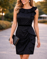 Marc Jacobs Silk Polka Dot Dress Womens 10 Black Ruffle Sheath Cocktail Chic