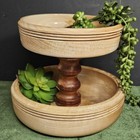 Vtg Turned Wood 2 Tier Tray Round Handmade Table Decor Serving 2 Tones Etagere