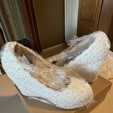 Ivory Satin Lace Platform Wedge Bridal Shoes High Heel 3 in. Up Elegant Wedding