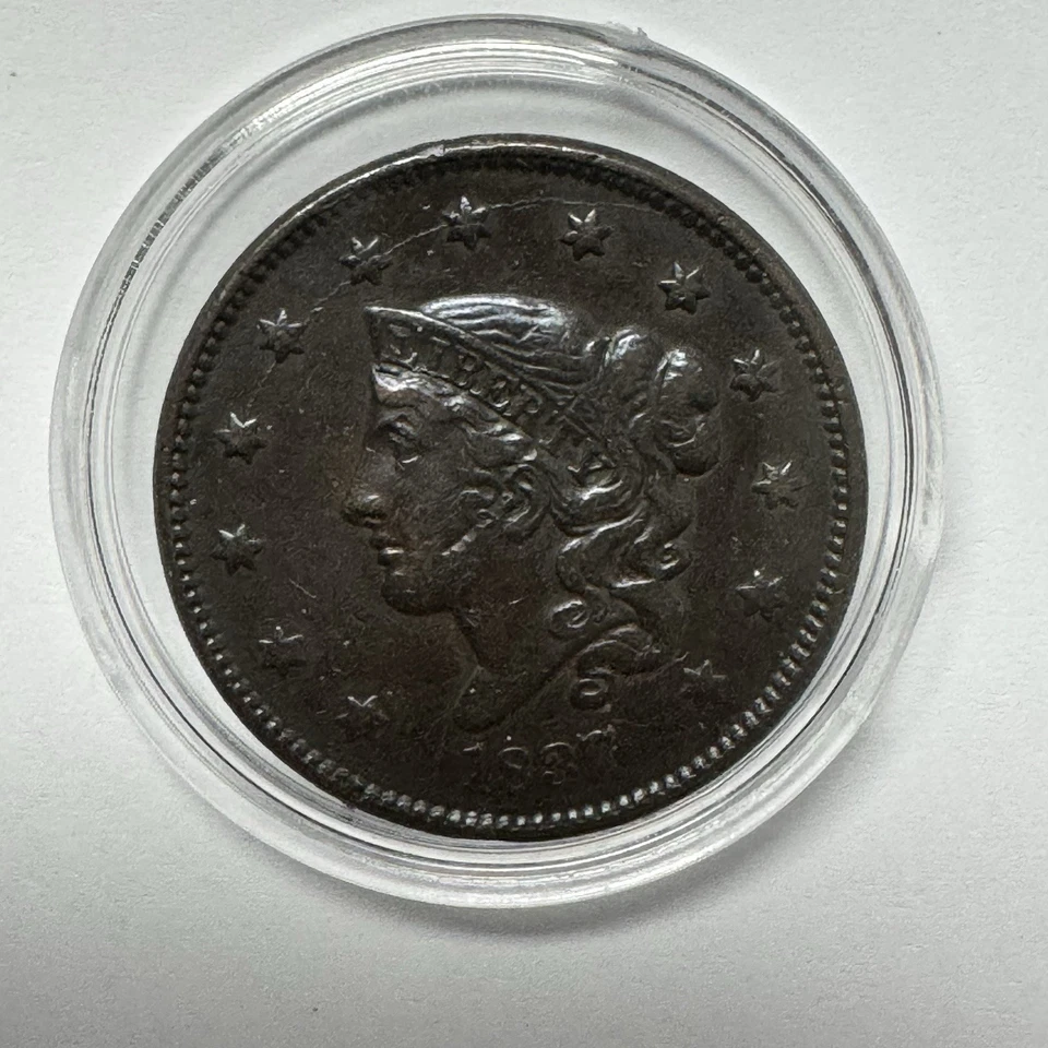 Moneda de cobre de 1 centavo grande cabeza corona 1837 de Estados Unidos Foto 3 de 4