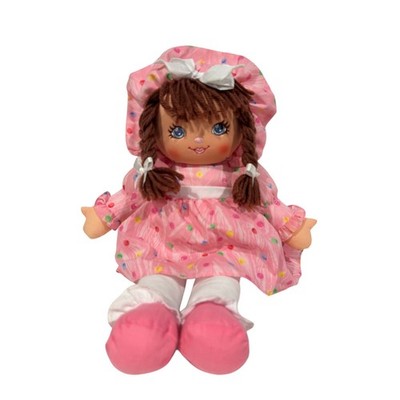 Sweetie Mine 1995 Vtg Pink Polka Dress Rag Doll Blue Eyes Brunette Braid Tan 18''