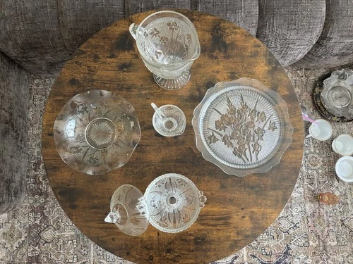 Vintage Iris and Herringbone Jeannette Depression Glass Serving Set