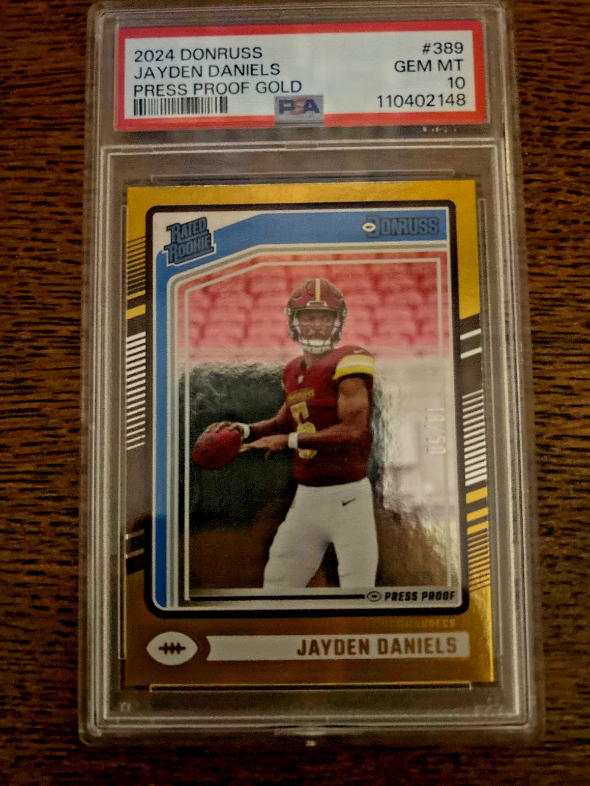 JAYDEN DANIELS 2024 PANINI DONRUSS #389 GOLD PRESS PROOF RATED ROOKIE /50 PSA 10