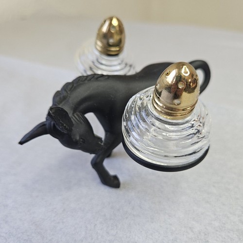 Vintage Salt & Pepper Set Metal Donkey Burro Holder Glass Shakers Japan