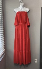 NEW New York & Company Tiered Maxi Dress Red Off Shoulder Ruffle Sleeves Medium