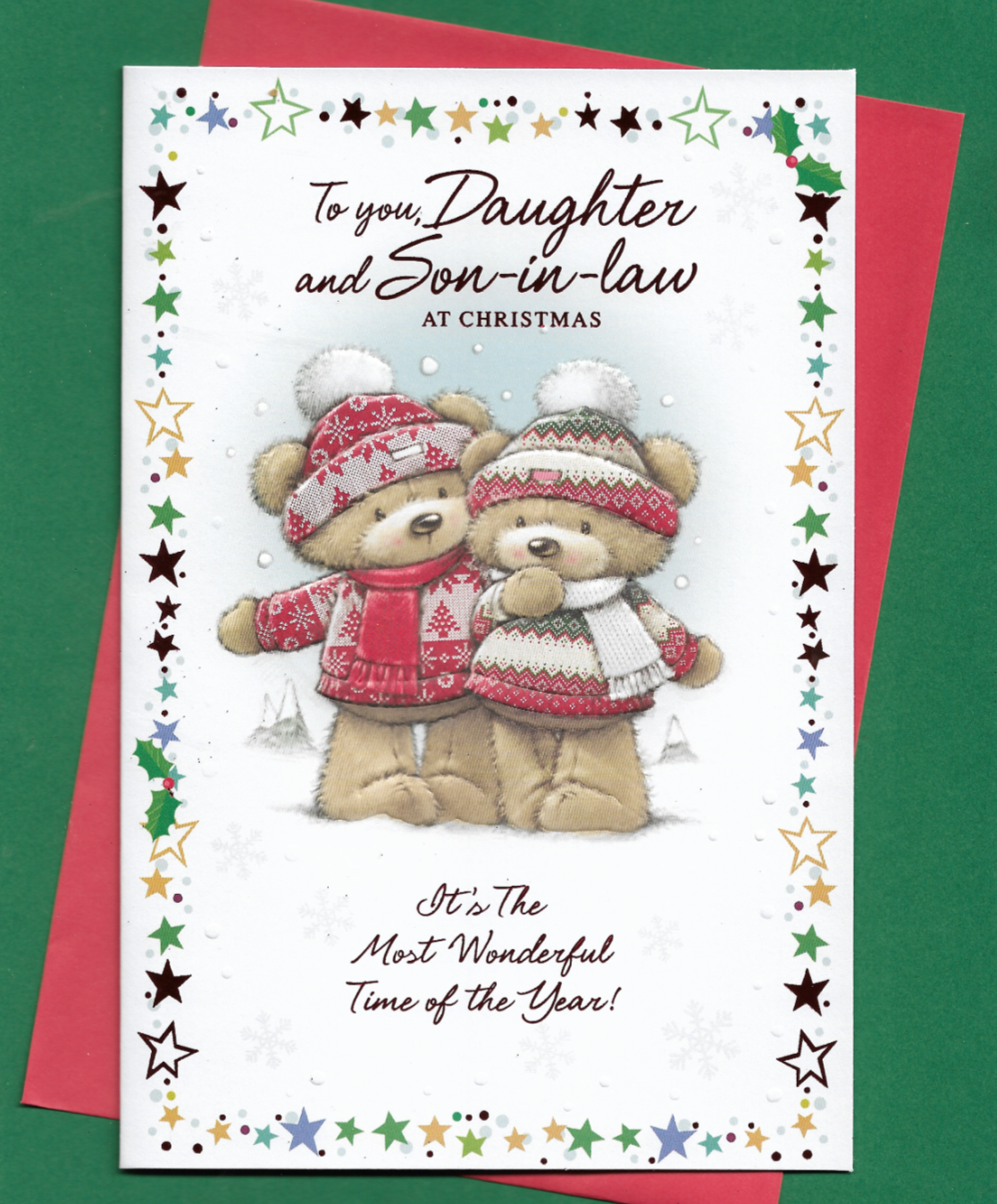 Daughter And Son In Law Christmas Card 9""x6"" Snow Cute Teddy Bears