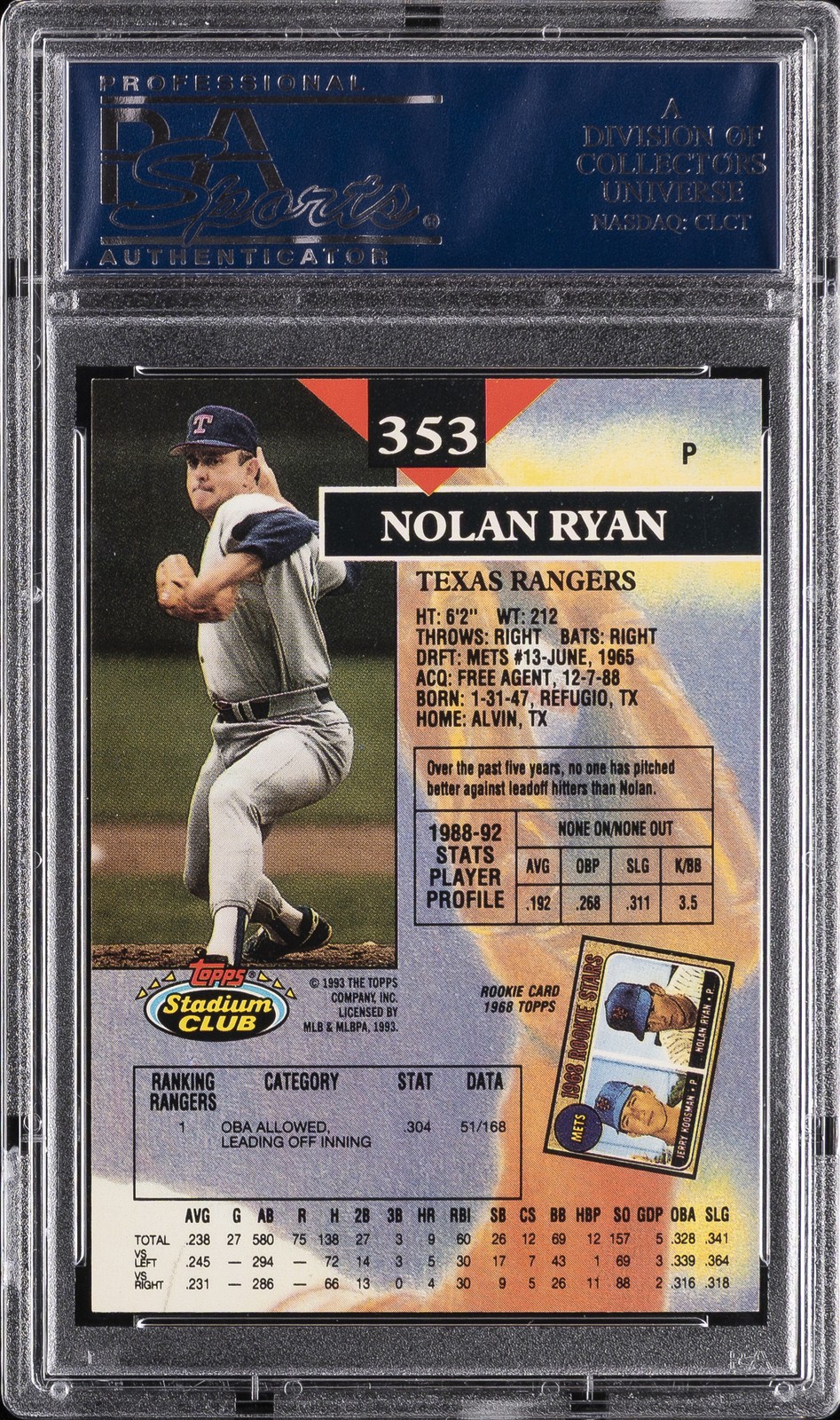 1993 STADIUM CLUB #353 NOLAN RYAN PSA 10 view 2
