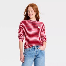 Women's Valentine's Pullover Heart Sweater - A New Day Red Striped S