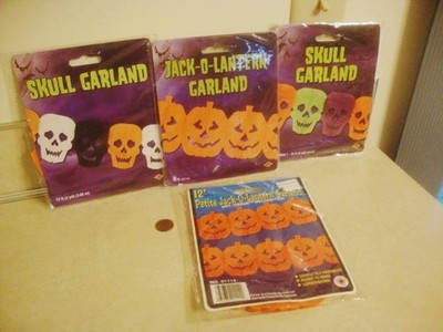 Vintage 1990 HALLOWEEN BEISTLE Skull x2 JOL x2 GARLAND Unused Party Decorations!