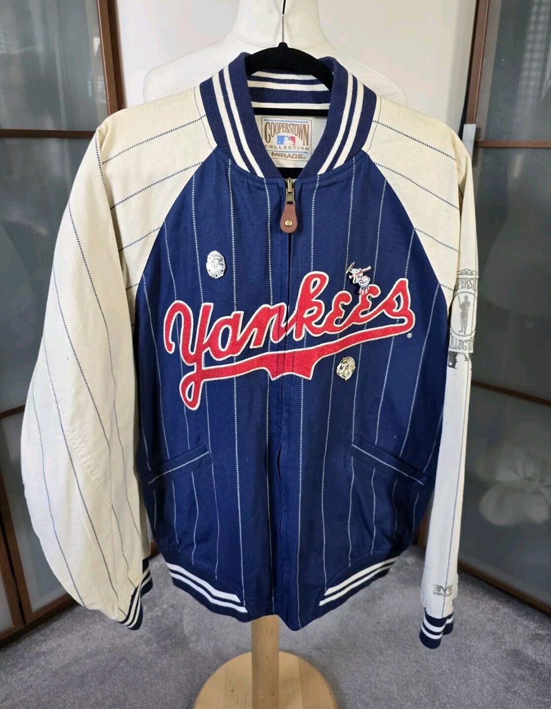 Vintage 90s Mirage Cooperstown Yankees NY Jacket Navy Stripe USA Baseball L 50