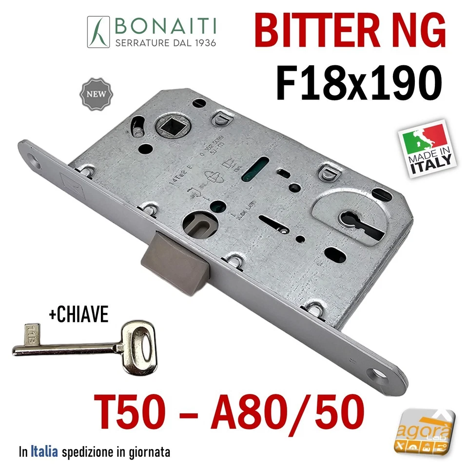SERRATURA PORTA BONAITI BITTER A80 T50 PATENT FRONTALE 18x190mm ARGENTO E50 I90 - Immagine 3 di 4