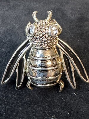 Silvertone Bumble Bee Bug Beetle Black Enamel Rhinestone Eyes Pin Brooch 1.25''