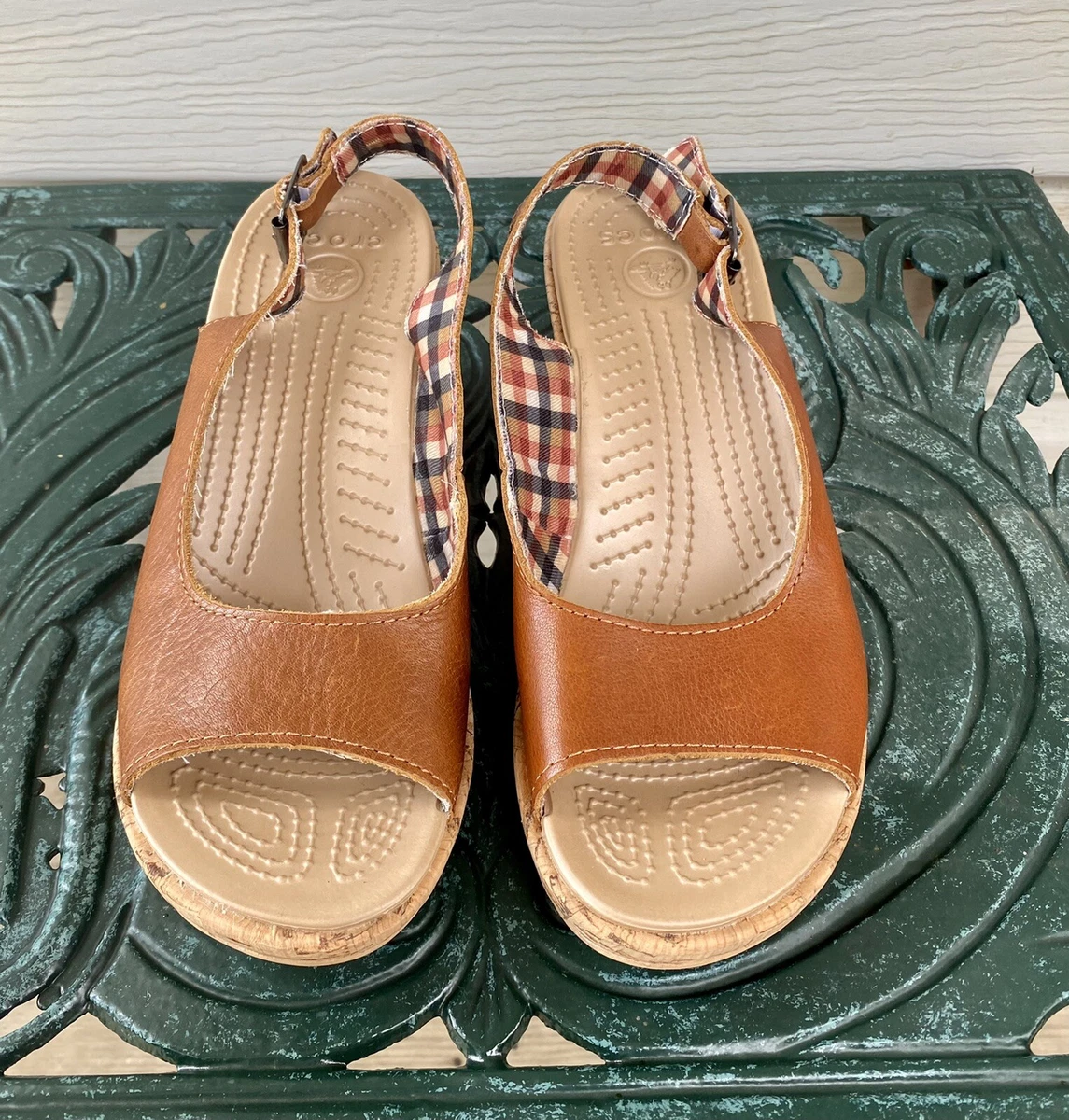 Crocs A Leigh Tan Brown Leather Open Toe Wedge Heel Slingback