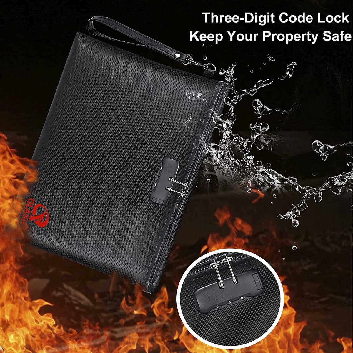 6400℉ Fireproof Document Bag With Lock, 14.5 X 11.5 Inch Fireproof Money Bag 2 Pockets With Zipper For Cash, Fire Safe Money Pouch Zipper For Important File,Valuables, Keys, Passports (Black