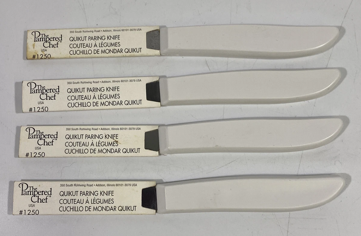 SET of (4) Pampered Chef Quikut Paring Knife #1250 White 2.5 Blade w/  Sleeve