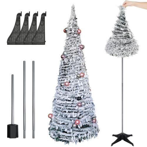 6FT Pre-Lit Flocked Fully Decorated Pull Up Christmas Tree Collapsible Xmas Tree - Picture 5 of 13