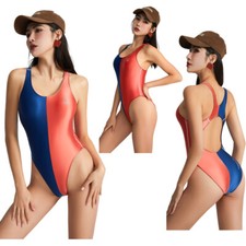 AMORESY Ladies Oil Satin One Piece Swimwear Sports Swimming Bodysuits Patchwork