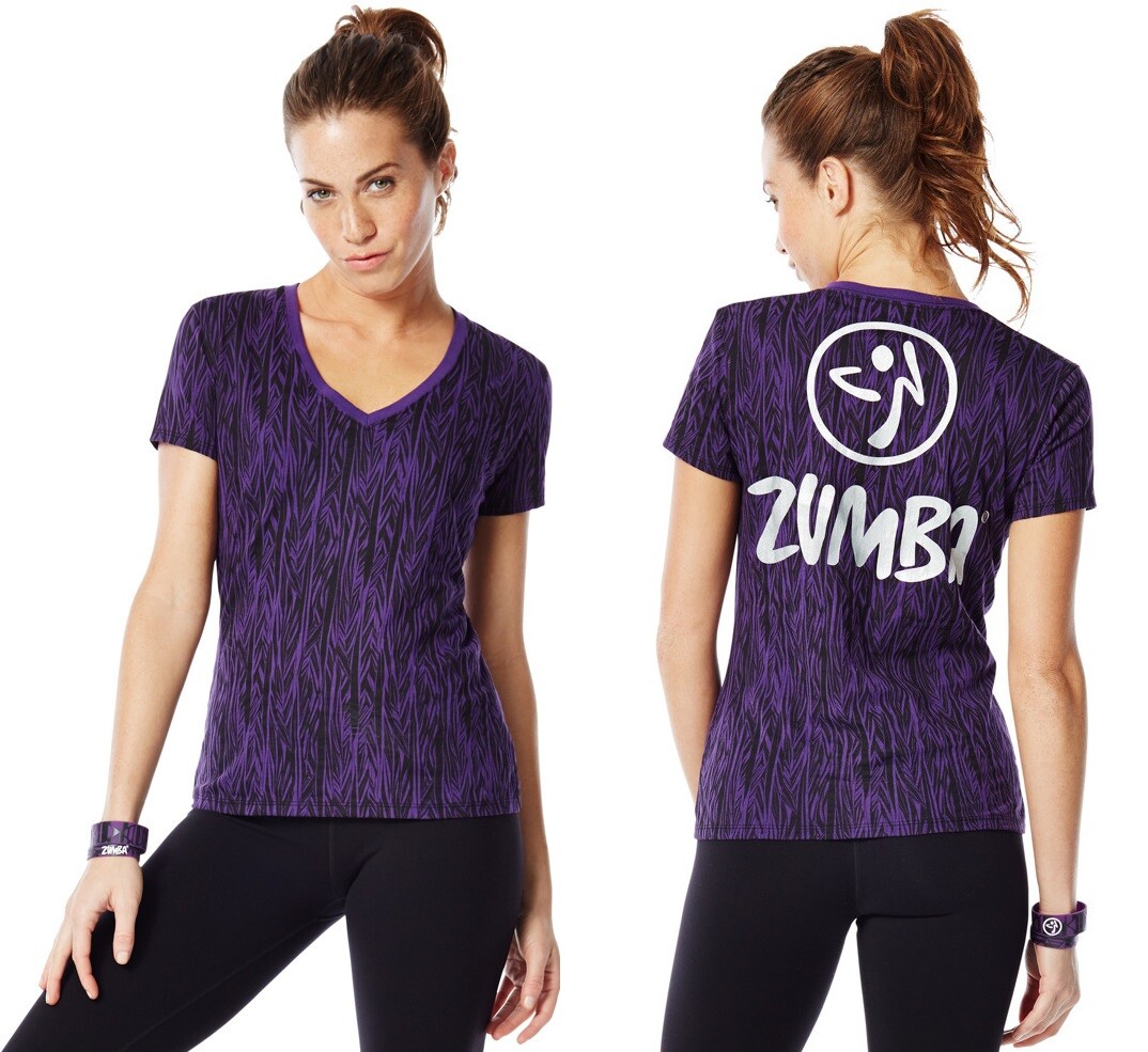 Zumba SAFARI All Over Graphic Tee Shirt - Acai PURPLE - size XS