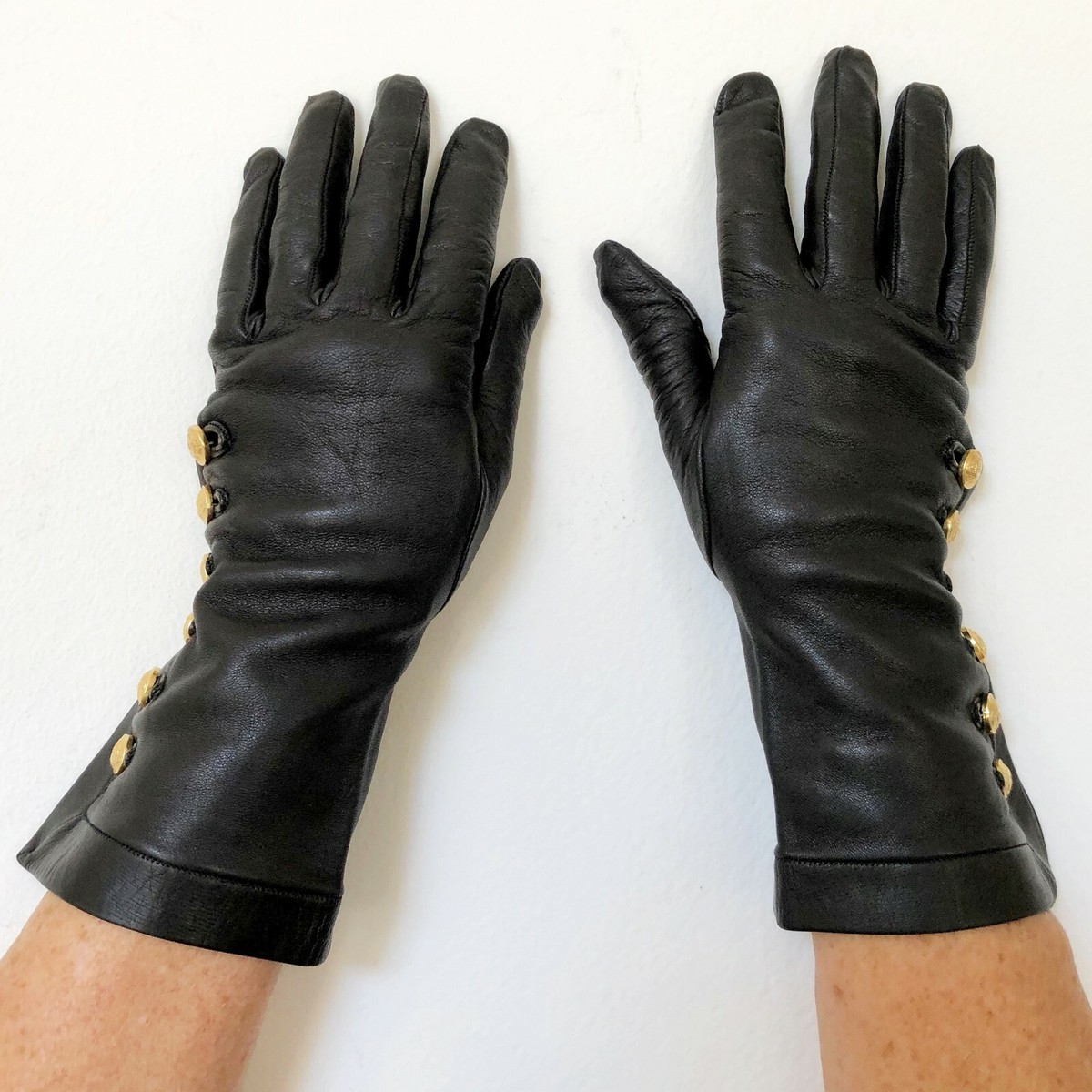 GIANNI VERSACE black leather gloves with 6 gold tone Medusa