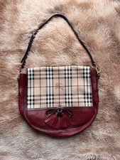 Authentic Burberry Haymarket Check Leather Hobo Bag Red Tassel Trim w/ Dust Bag