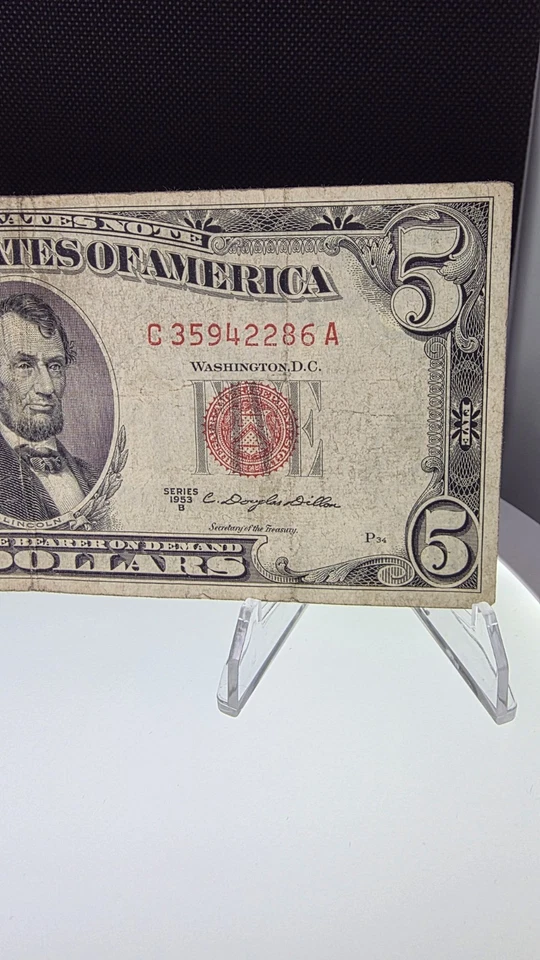 1953-B $5 Dollar Bill Red Seal - United States Note - Nice Circulated Condition - Image 2 of 4