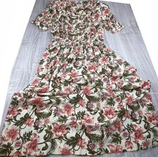 Vintage 80s Floral Midi Dress Pleated Puff Padded Sleeves Coquette Cottage M/L