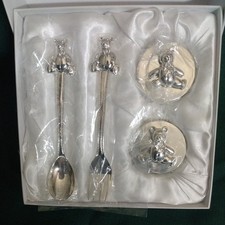 VINTAGE BABY COLLECTION KEEPSAKE 4 PC. SILVER PLATED TEDDY BEAR DESIGN GIFT SET