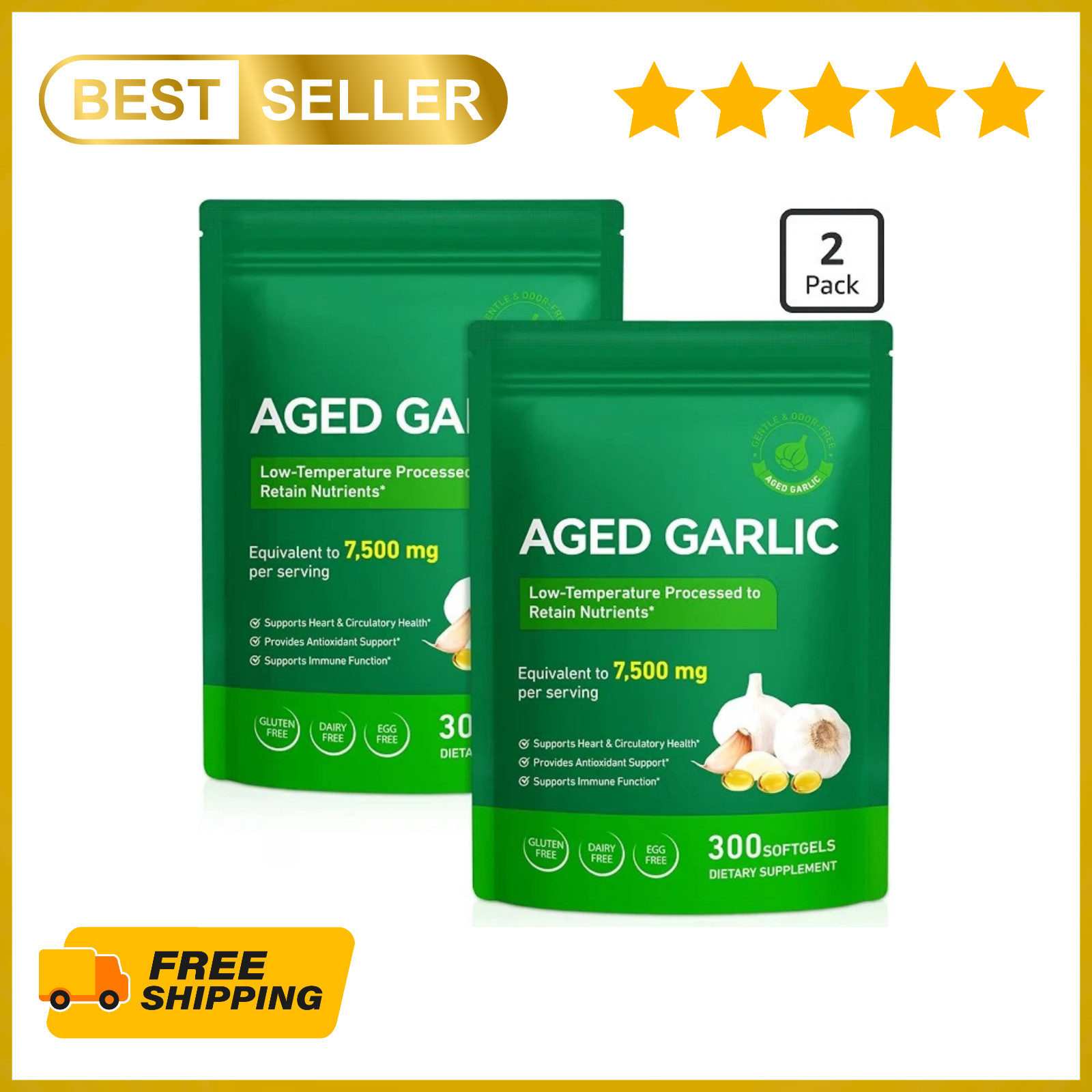 Best Aged Garlic Extract, 300 Softgels, 7500mg Odorless | Heart & Immune Pack 2