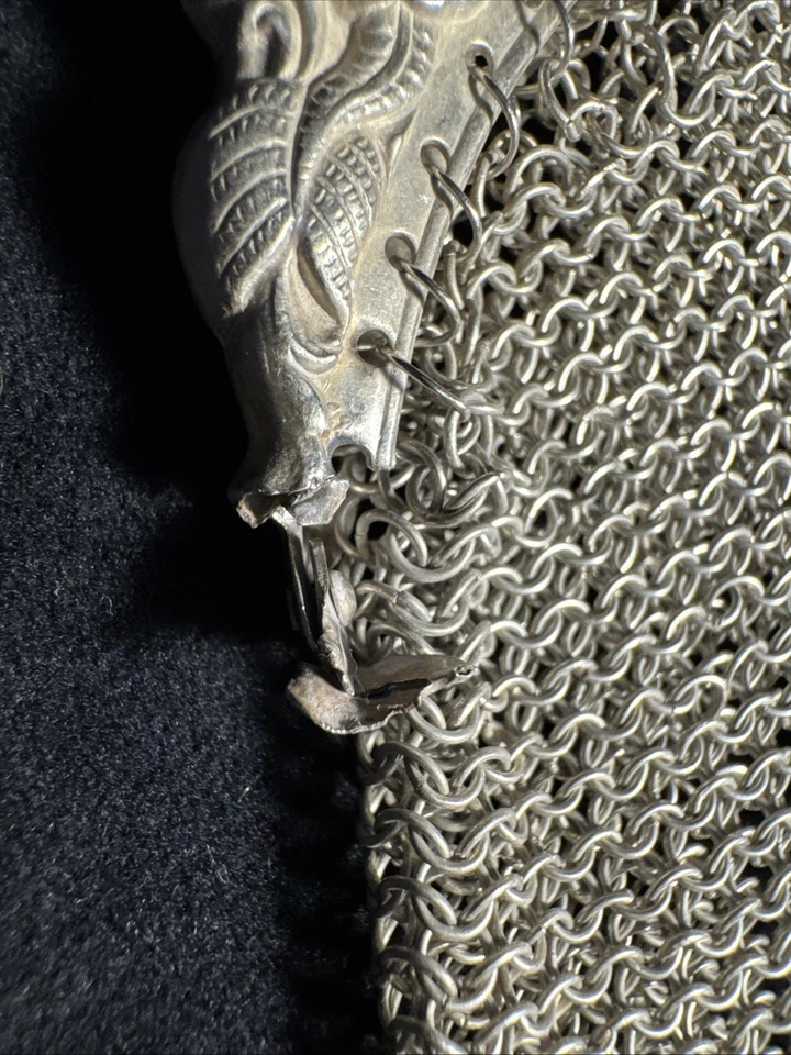 Antique Art Deco Sterling Silver Chainmail Mesh Bag Signed Figural & Fish Motif - Image 4 of 4